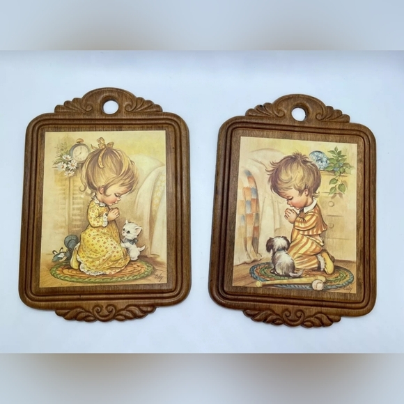 Vintage 1970s Wood Plaques Bedtime Prayers Boy and Girl Lot of 2 Signed COBY - Picture 1 of 7